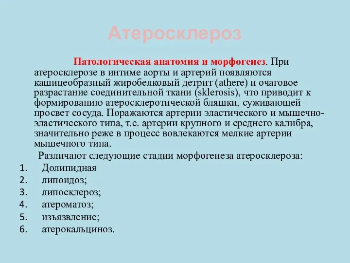 Атеросклероз Патологическая анатомия и морфогенез. При атеросклерозе в интиме аорты