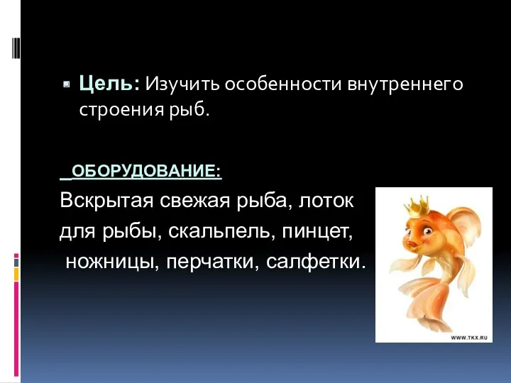 Цель: Изучить особенности внутреннего строения рыб. ОБОРУДОВАНИЕ: Вскрытая свежая рыба,