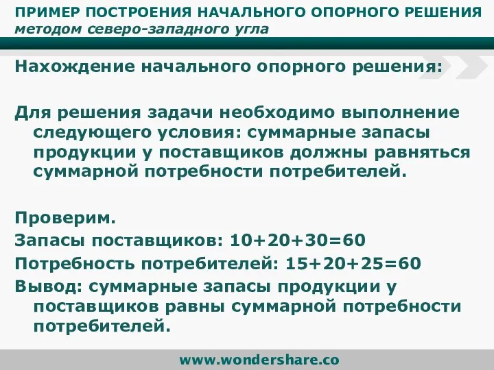 ПРИМЕР ПОСТРОЕНИЯ НАЧАЛЬНОГО ОПОРНОГО РЕШЕНИЯ методом северо-западного угла Нахождение начального