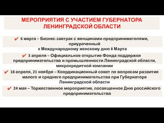 МЕРОПРИЯТИЯ С УЧАСТИЕМ ГУБЕРНАТОРА ЛЕНИНГРАДСКОЙ ОБЛАСТИ 18 апреля, 21 ноября