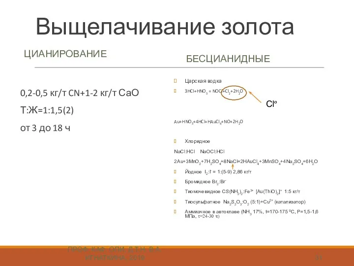 Выщелачивание золота ЦИАНИРОВАНИЕ БЕСЦИАНИДНЫЕ ПРОФ. КАФ. ОПИ, Д.Т.Н. В.А. ИГНАТКИНА,