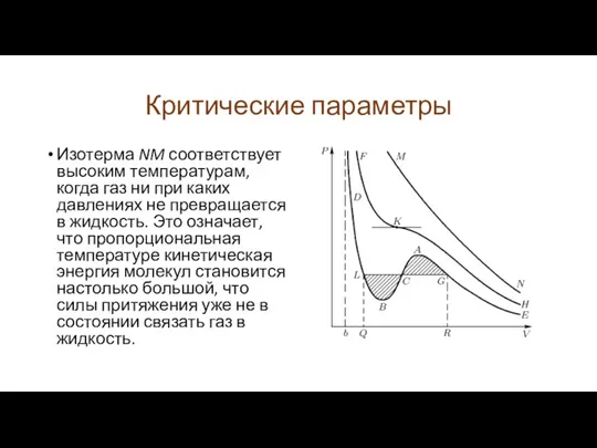 Критические параметры Изотерма NM соответствует высоким температурам, когда газ ни