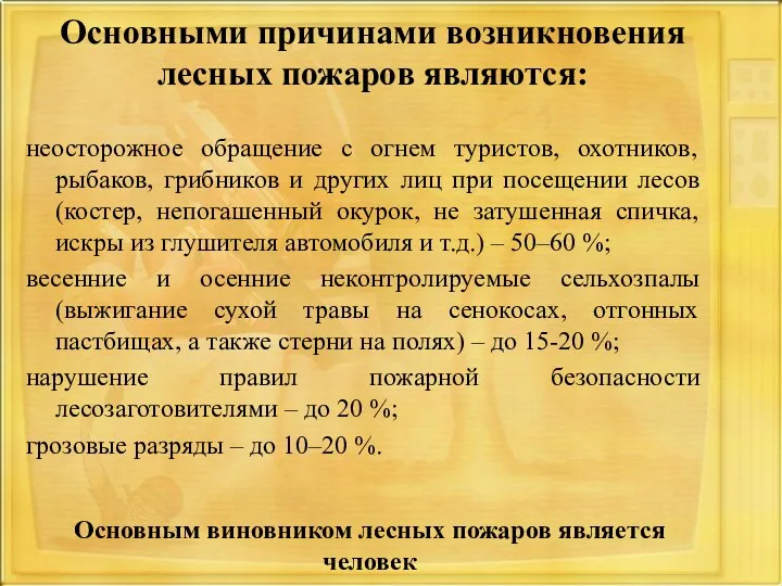 Основными причинами возникновения лесных пожаров являются: неосторожное обращение с огнем