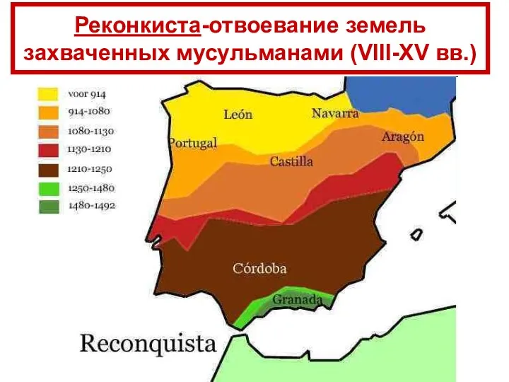 Реконкиста-отвоевание земель захваченных мусульманами (VIII-XV вв.)