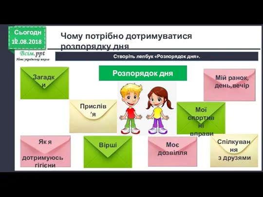 12.08.2018 Сьогодні Чому потрібно дотримуватися розпорядку дня Створіть лепбук «Розпорядок