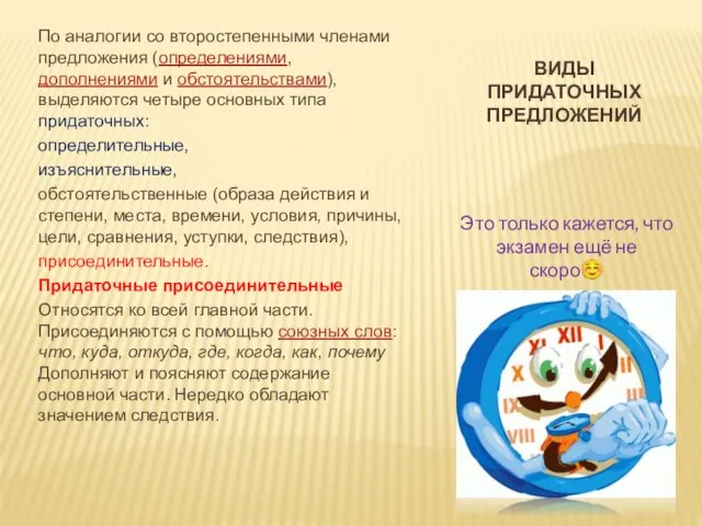 ВИДЫ ПРИДАТОЧНЫХ ПРЕДЛОЖЕНИЙ По аналогии со второстепенными членами предложения (определениями, дополнениями и обстоятельствами),