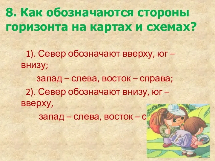 8. Как обозначаются стороны горизонта на картах и схемах? 1).