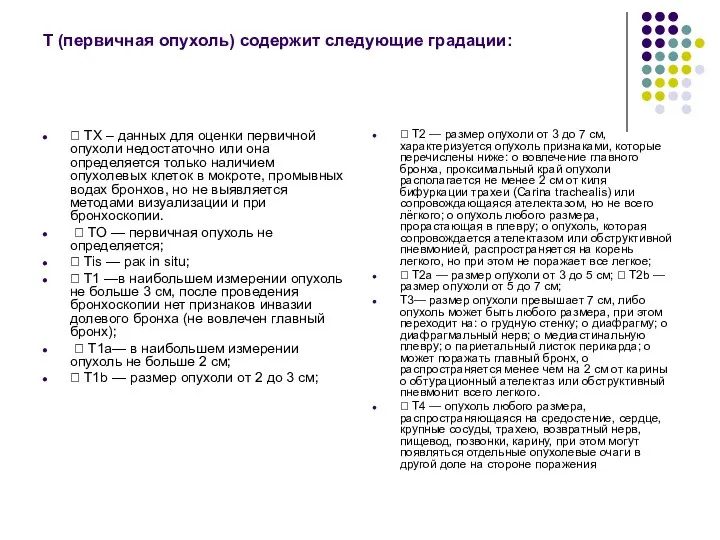 Т (первичная опухоль) содержит следующие градации:  ТХ – данных