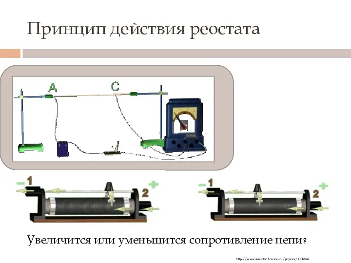 Принцип действия реостата Увеличится или уменьшится сопротивление цепи? http://www.smartant.narod.ru/physics/15.html