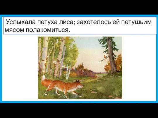 Услыхала петуха лиса; захотелось ей петушьим мясом полакомиться.