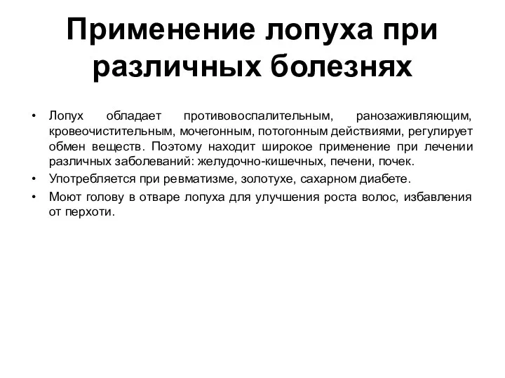 Применение лопуха при различных болезнях Лопух обладает противовоспалительным, ранозаживляющим, кровеочистительным,