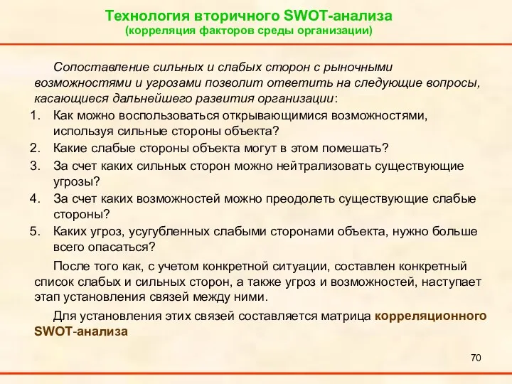 Технология вторичного SWOT-анализа (корреляция факторов среды организации) Сопоставление сильных и слабых сторон с