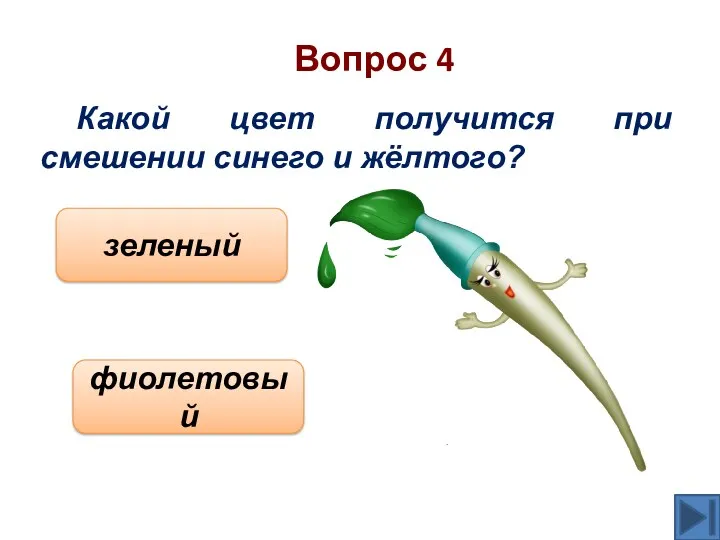 Вопрос 4 зеленый фиолетовый Какой цвет получится при смешении синего и жёлтого?