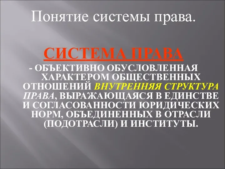 Понятие системы права. СИСТЕМА ПРАВА - ОБЪЕКТИВНО ОБУСЛОВЛЕННАЯ ХАРАКТЕРОМ ОБЩЕСТВЕННЫХ