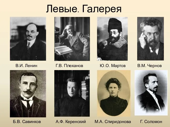 Левые. Галерея В.И. Ленин Г.В. Плеханов Ю.О. Мартов В.М. Чернов