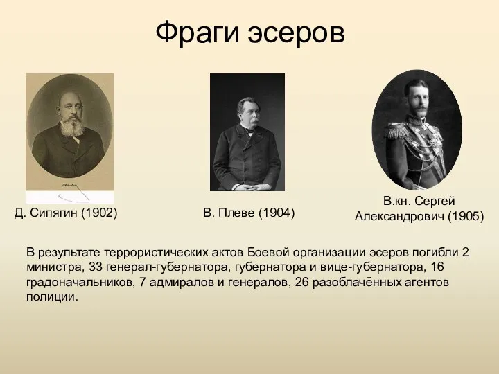 Фраги эсеров Д. Сипягин (1902) В. Плеве (1904) В.кн. Сергей