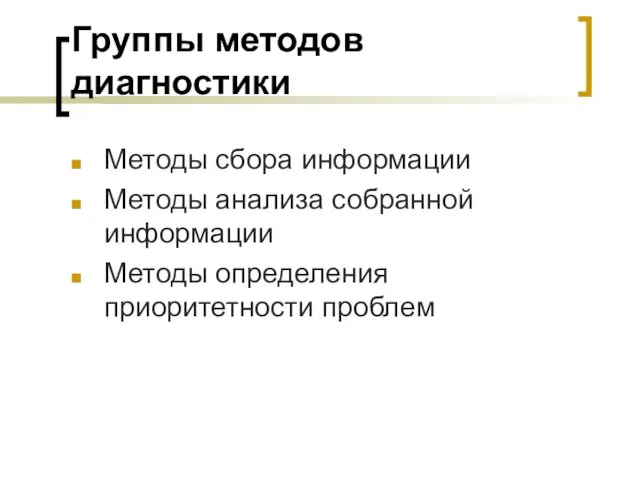 Группы методов диагностики Методы сбора информации Методы анализа собранной информации Методы определения приоритетности проблем