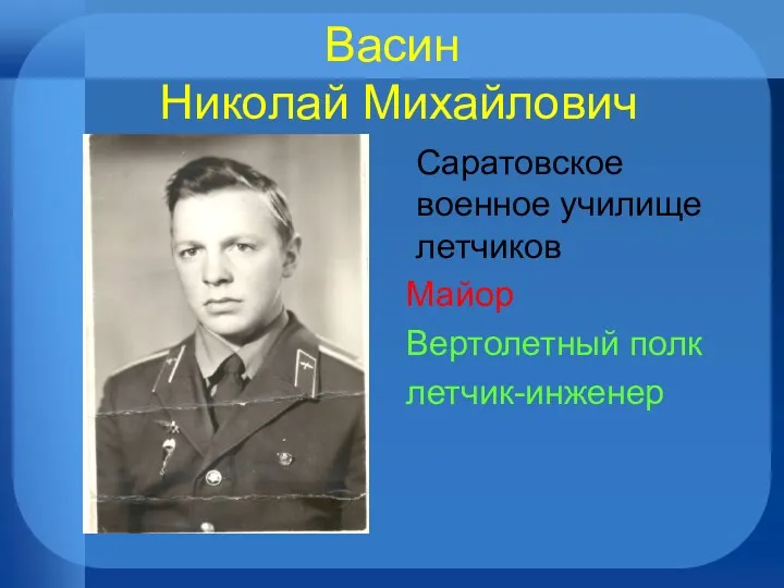 Васин Николай Михайлович Саратовское военное училище летчиков Майор Вертолетный полк летчик-инженер