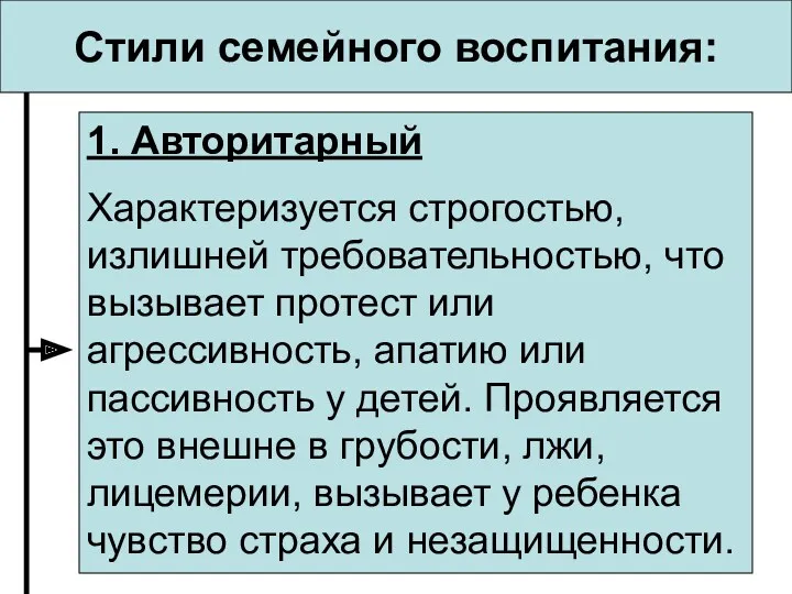 Стили семейного воспитания: 1. Авторитарный Характеризуется строгостью, излишней требовательностью, что