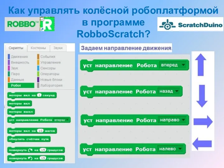 Как управлять колёсной робоплатформой в программе RobboScratch?