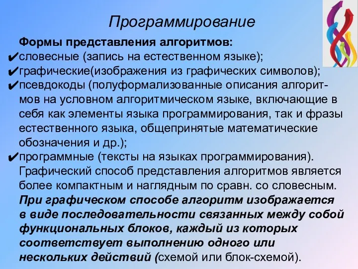 Программирование Формы представления алгоритмов: словесные (запись на естественном языке); графические(изображения