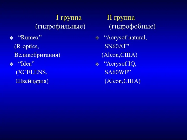 I группа II группа (гидрофильные) (гидрофобные) “Rumex” (R-optics, Великобритания) “Idea”