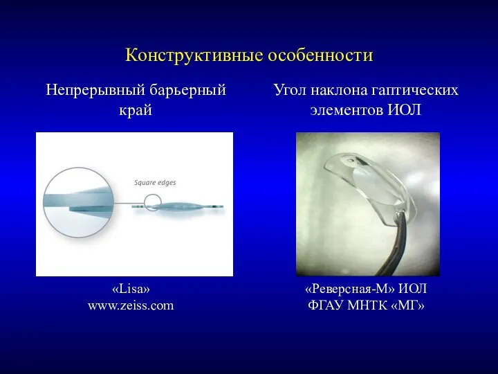Конструктивные особенности Непрерывный барьерный край Угол наклона гаптических элементов ИОЛ
