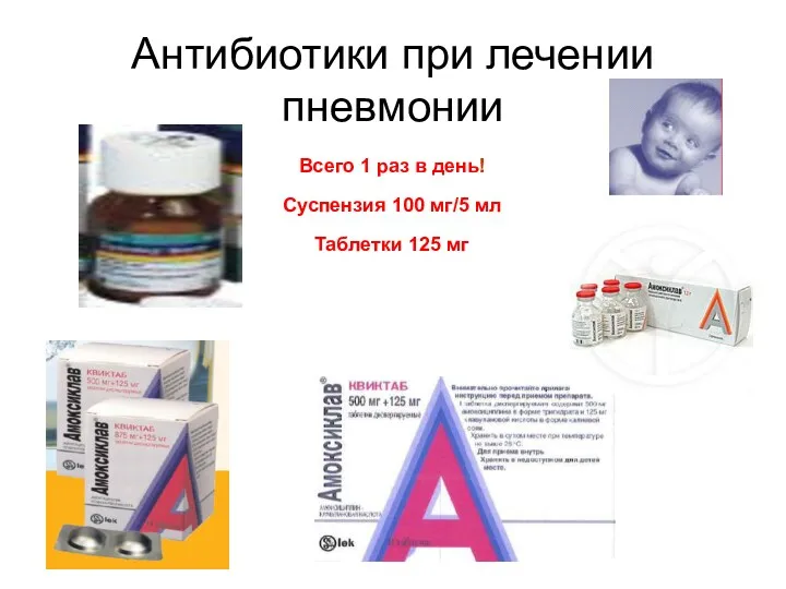 Антибиотики при лечении пневмонии Суспензия 100 мг/5 мл Таблетки 125 мг Всего 1 раз в день!