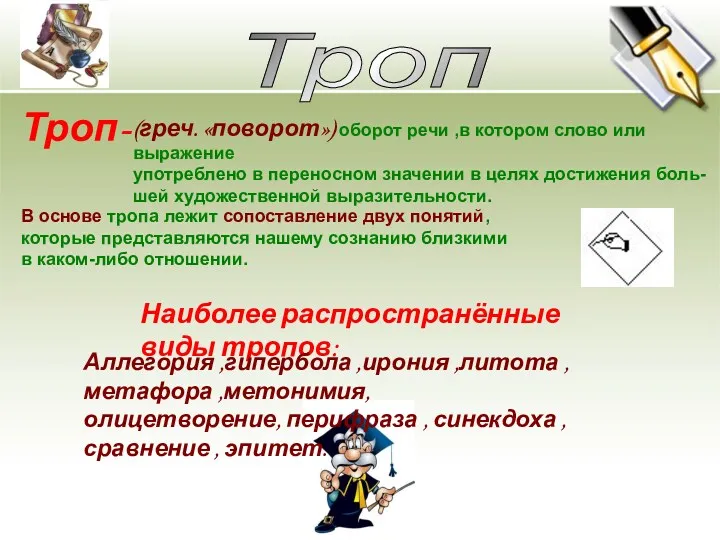 Троп Троп- (греч. «поворот») оборот речи ,в котором слово или