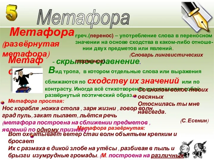 Метафора Метафора (развёрнутая метафора) - скрытое сравнение. Вид тропа, в