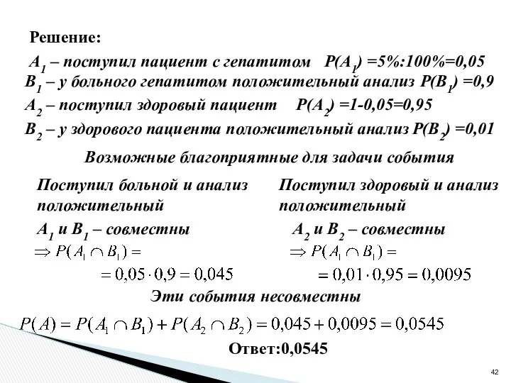 А1 – поступил пациент с гепатитом Решение: Р(А1) =5%:100%=0,05 В1