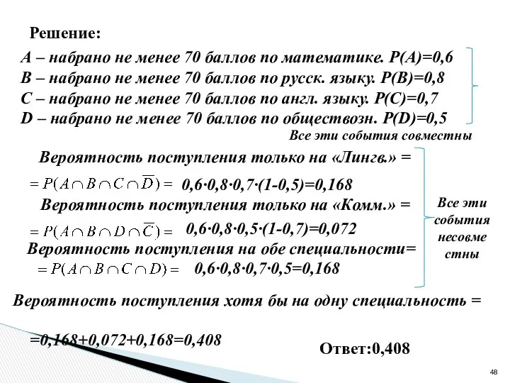 Решение: А – набрано не менее 70 баллов по математике.