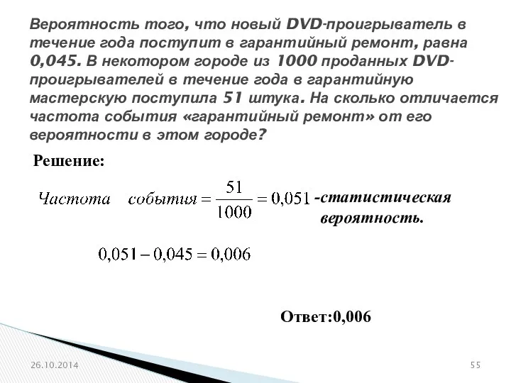 № 320195 Вероятность того, что новый DVD-проигрыватель в течение года