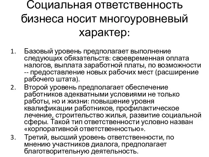 Социальная ответственность бизнеса носит многоуровневый характер: Базовый уровень предполагает выполнение