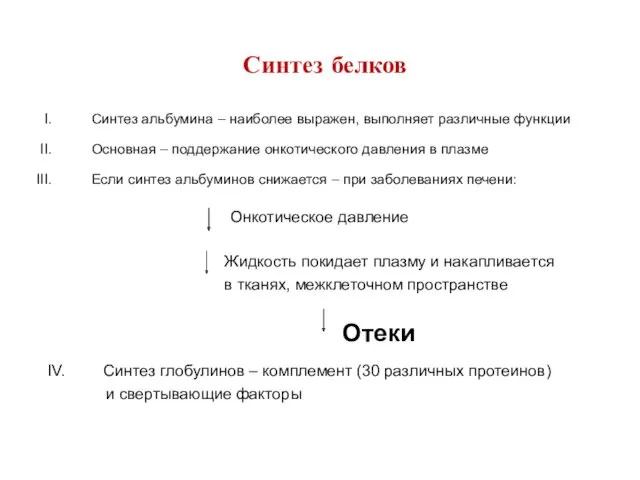 Синтез белков Синтез альбумина – наиболее выражен, выполняет различные функции