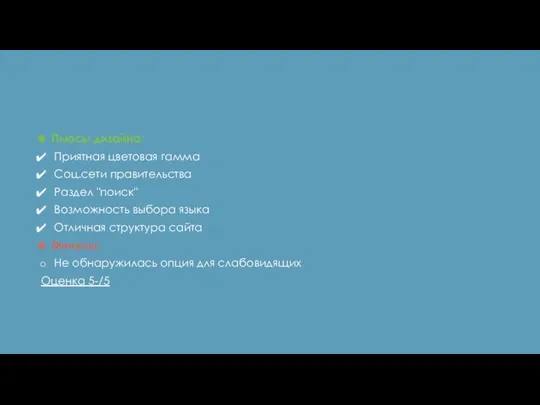 Плюсы дизайна: Приятная цветовая гамма Соц.сети правительства Раздел "поиск" Возможность