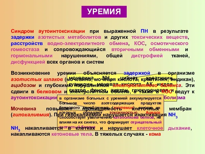 Синдром аутоинтоксикации при выраженной ПН в результате задержки азотистых метаболитов