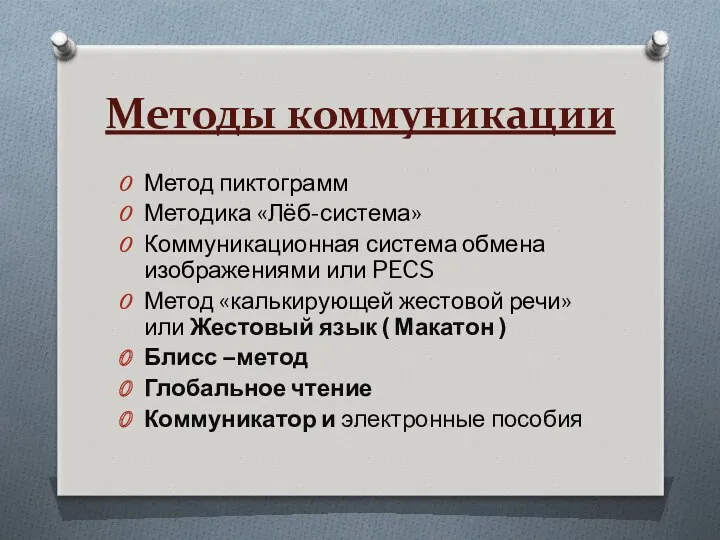 Методы коммуникации Метод пиктограмм Методика «Лёб-система» Коммуникационная система обмена изображениями