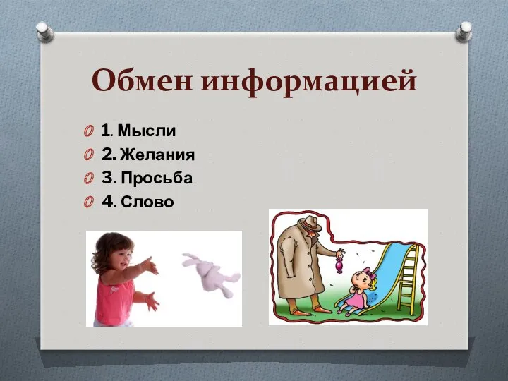 Обмен информацией 1. Мысли 2. Желания 3. Просьба 4. Слово