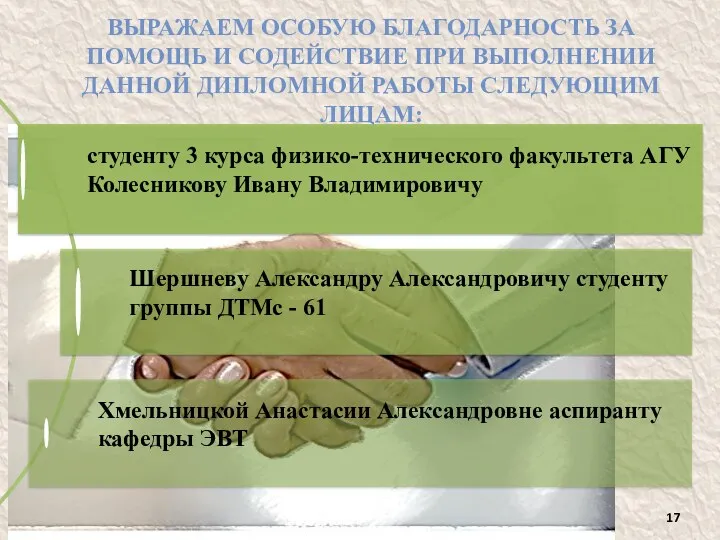 ВЫРАЖАЕМ ОСОБУЮ БЛАГОДАРНОСТЬ ЗА ПОМОЩЬ И СОДЕЙСТВИЕ ПРИ ВЫПОЛНЕНИИ ДАННОЙ ДИПЛОМНОЙ РАБОТЫ СЛЕДУЮЩИМ ЛИЦАМ: