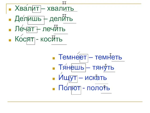 Хвалит – хвалить Делишь – делить Лечат – лечить Косят