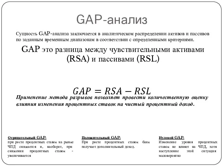 Сущность GAP-анализа заключается в аналитическом распределении активов и пассивов по