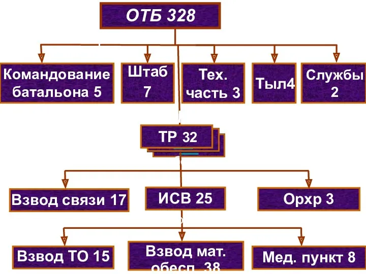 ОТБ 328 Командование батальона 5 Штаб 7 Тыл4 Службы2 Тех.