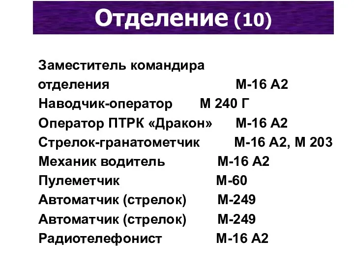 Отделение (10) Командир отделения М-16 А2 Заместитель командира отделения М-16