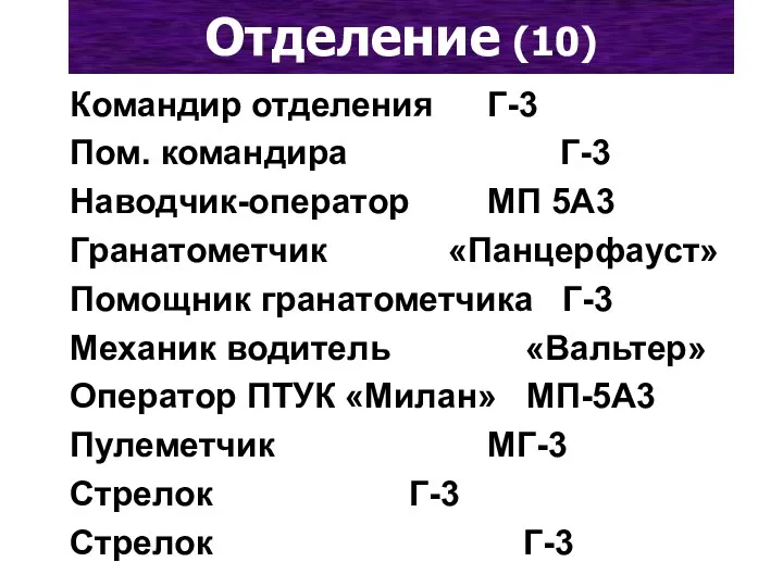 Отделение (10) Командир отделения Г-3 Пом. командира Г-3 Наводчик-оператор МП