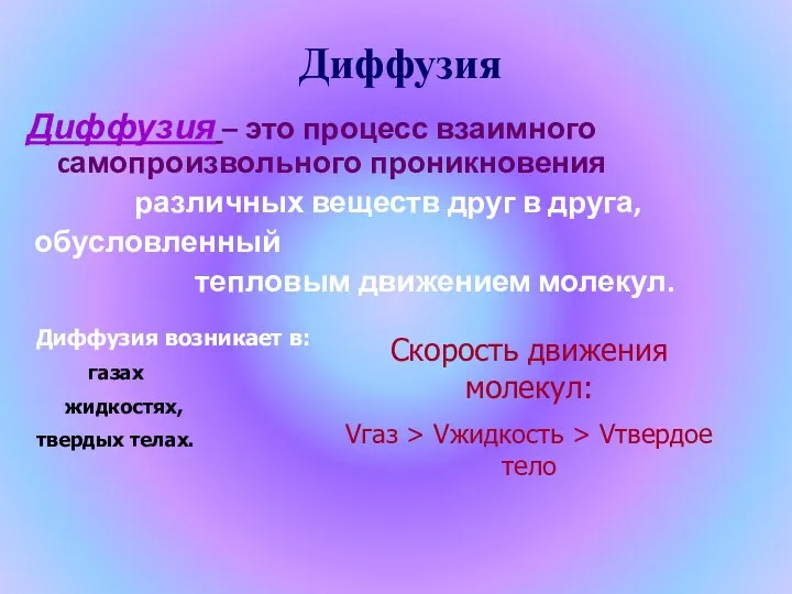 Диффузия Диффузия – это процесс взаимного cамопроизвольного проникновения различных веществ