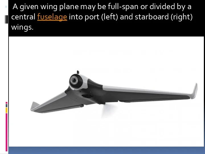 A given wing plane may be full-span or divided by a central fuselage