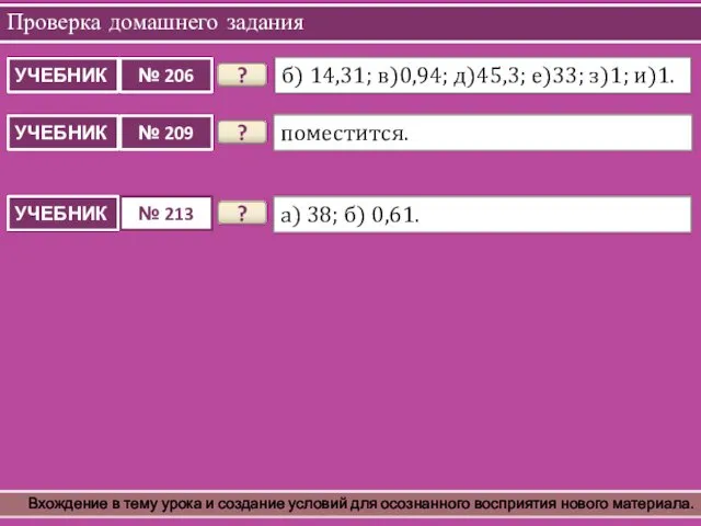 Проверка домашнего задания Вхождение в тему урока и создание условий для осознанного восприятия