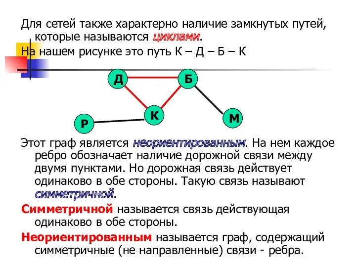 Для сетей также характерно наличие замкнутых путей, которые называются циклами.