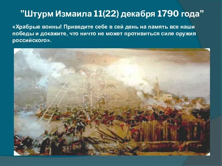 "Штурм Измаила 11(22) декабря 1790 года" «Храбрые воины! Приведите себе